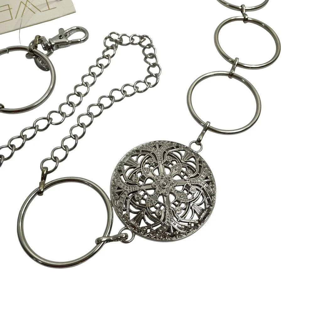 New Round metal concho chain belt Sliver Tone western boho tooled cowgirl floral